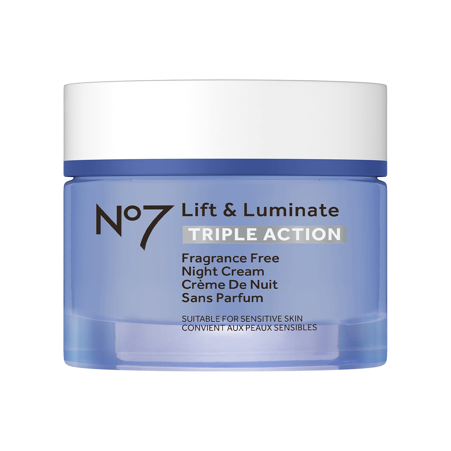 No7 Lift and Luminate night cream tube closeup highlighting creamy texture for radiant mornings