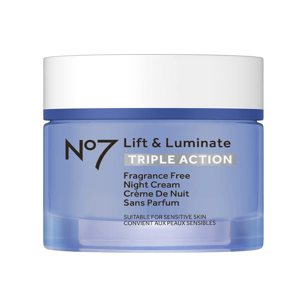 No7 Lift and Luminate night cream tube closeup highlighting creamy texture for radiant mornings