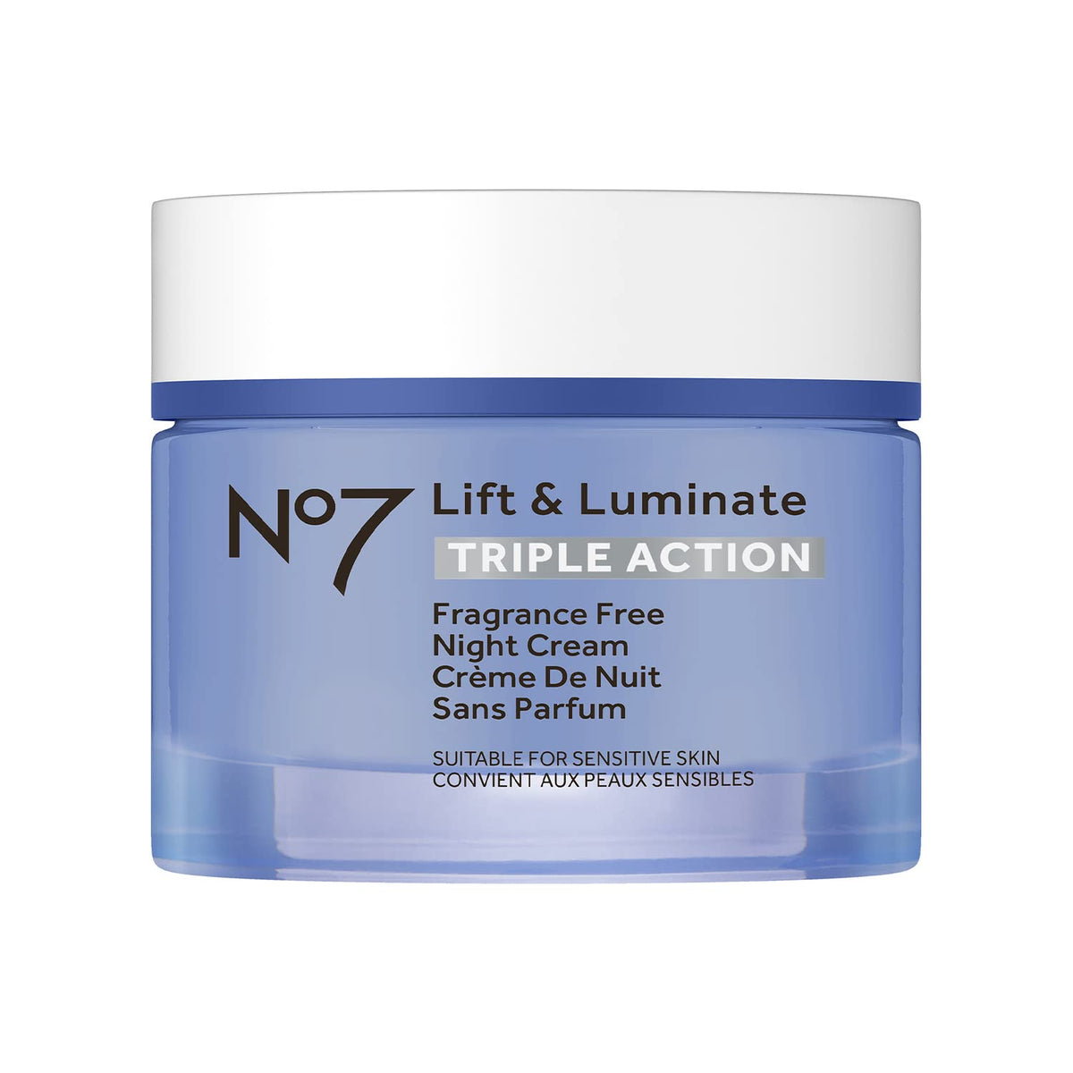 No7 Lift and Luminate night cream tube closeup highlighting creamy texture for radiant mornings