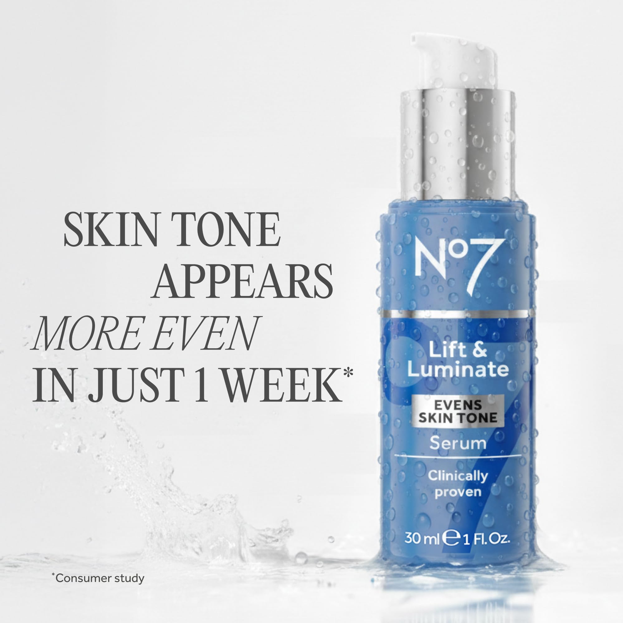 No7 Lift and Luminate amber bottle signals premium packaging and brightening benefits.