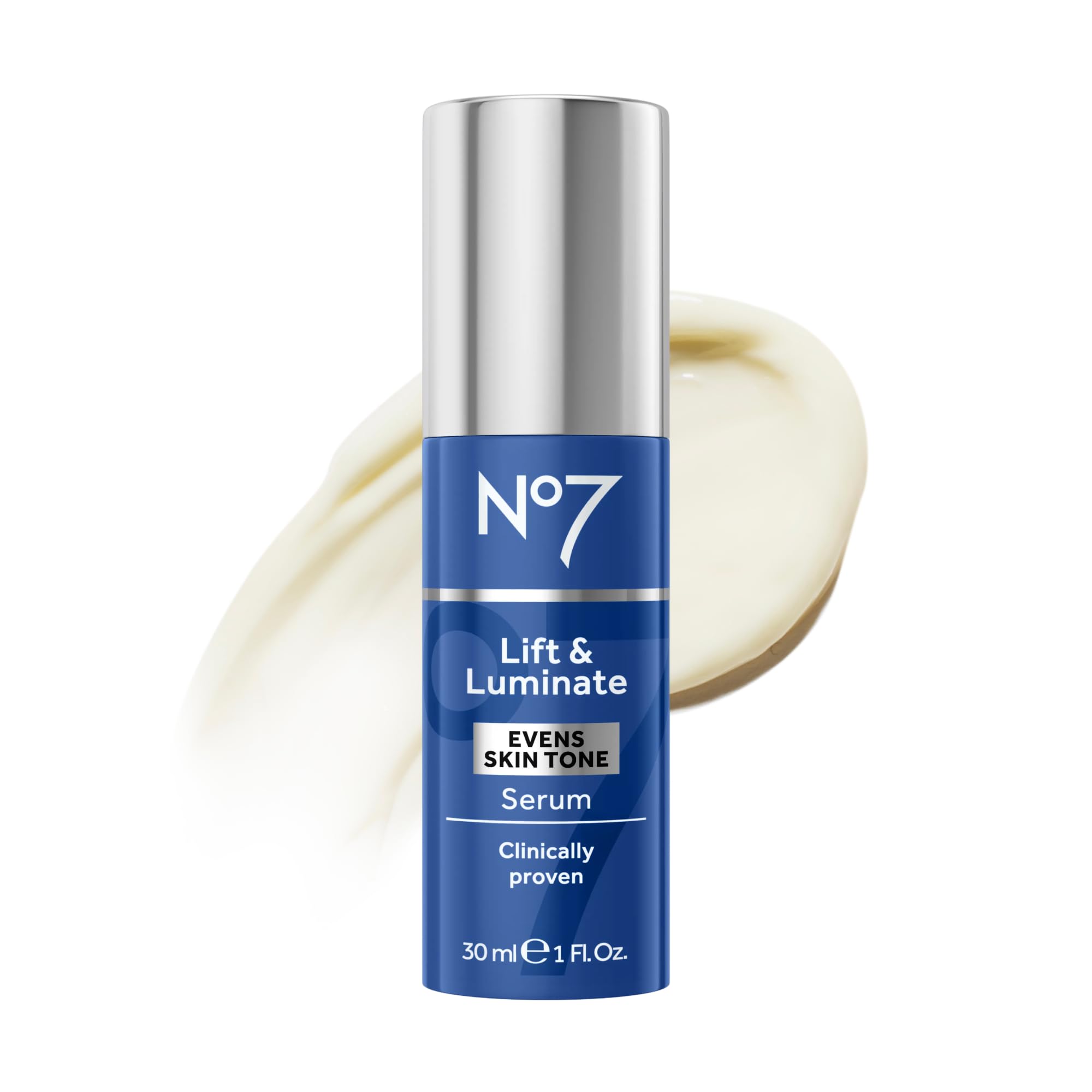 No7 Lift and Luminate serum bottle closeup showing a brightening formula.