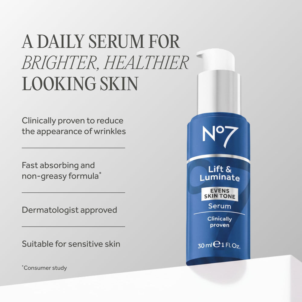 No7 Lift and Luminate serum dropper prepares for precise, hydrated application.