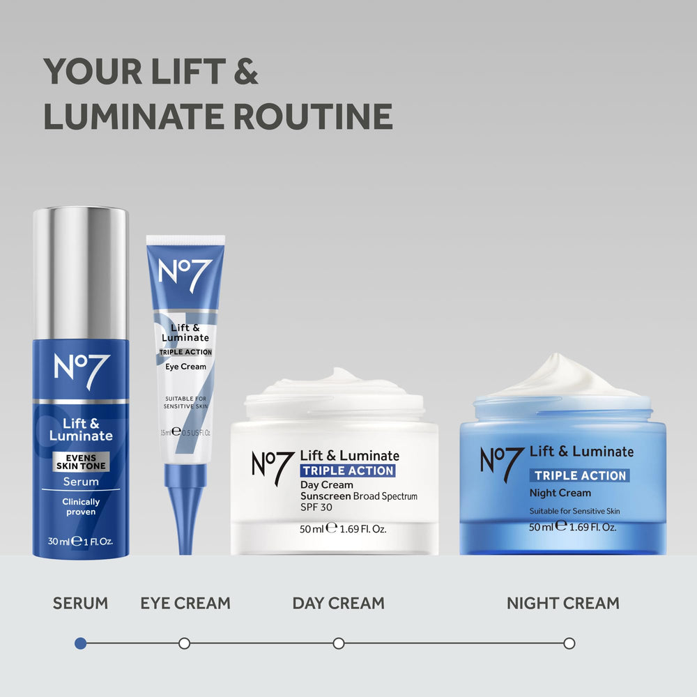 No7 Lift and Luminate serum packaging displayed as part of a daily skincare routine.