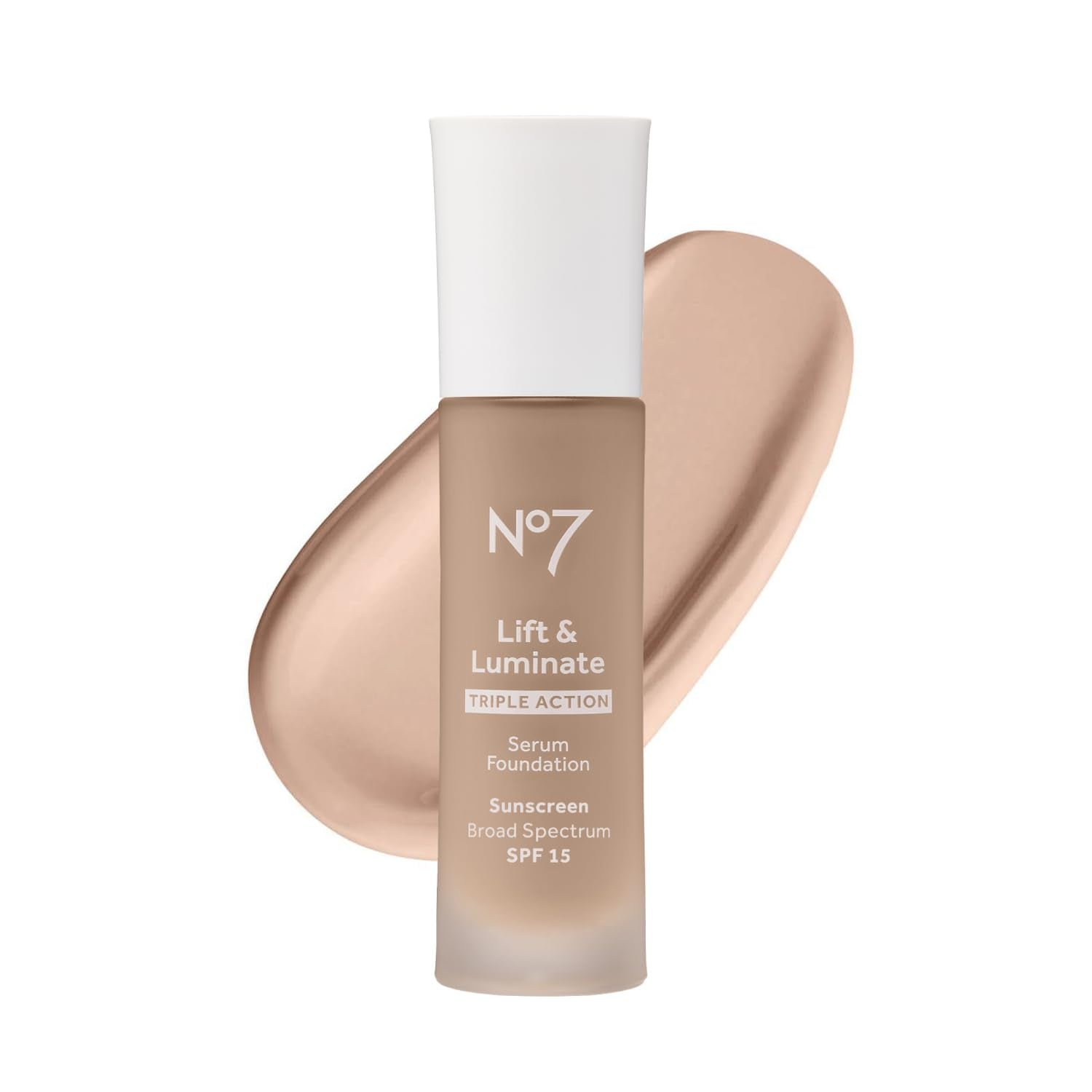No7 Lift & Luminate: botella de serum porcelana para un acabado suave.