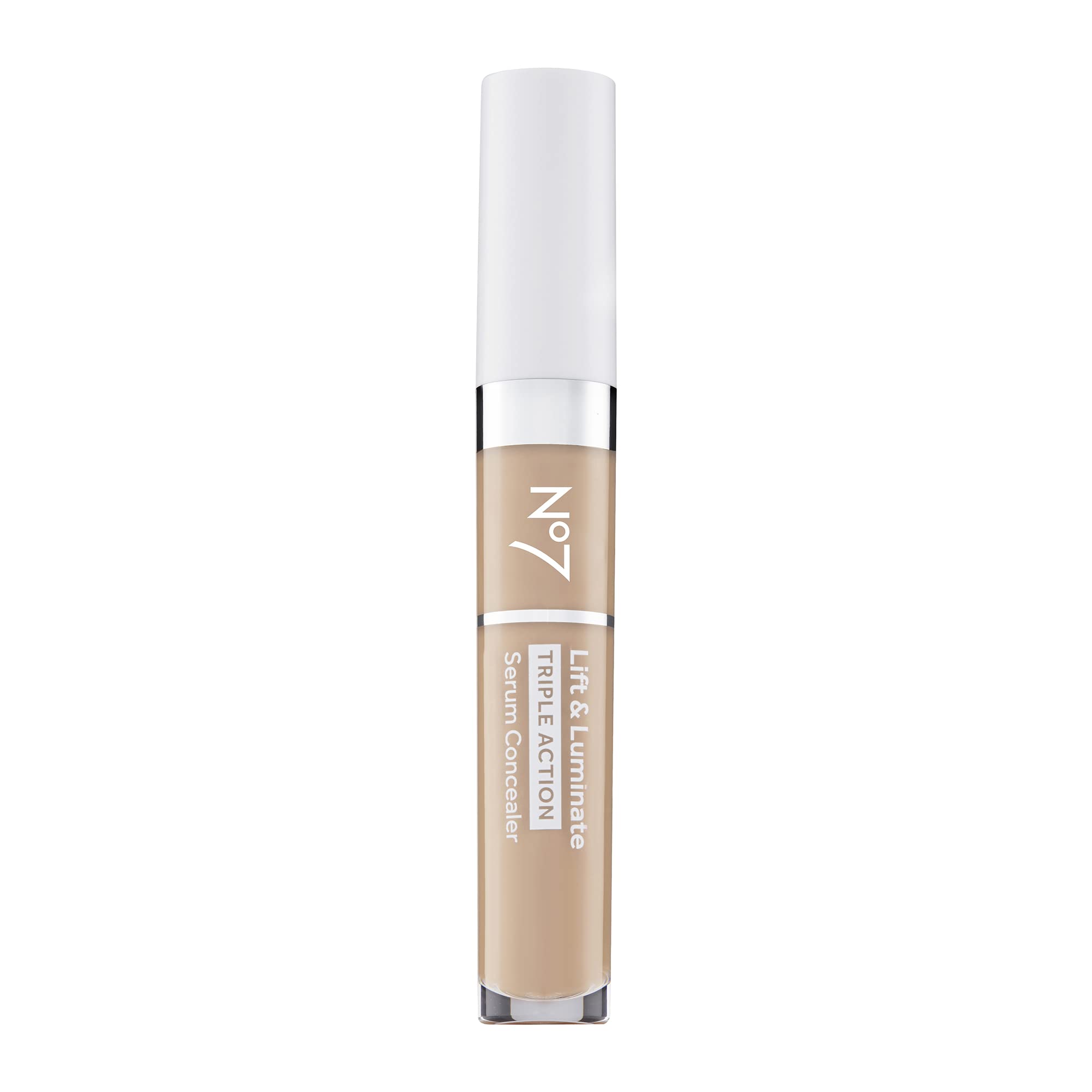 Concealer No7 Lift & Luminate, envase y aplicador, ofrece cobertura suave para tono uniforme.