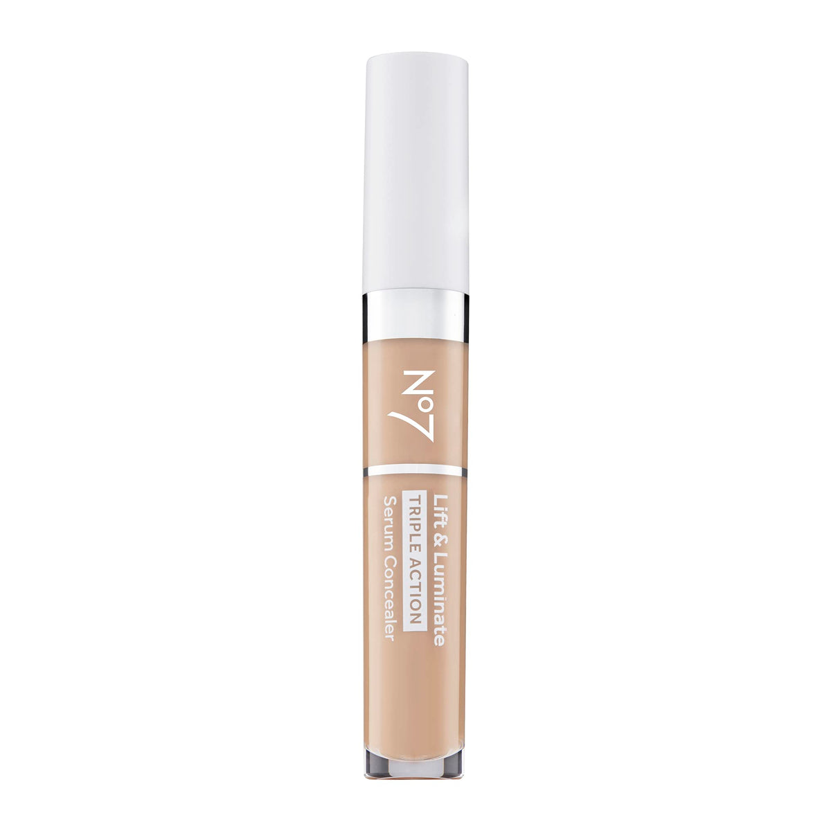 Concealer No7 Lift & Luminate, envase y aplicador, ofrece cobertura suave para tono uniforme.