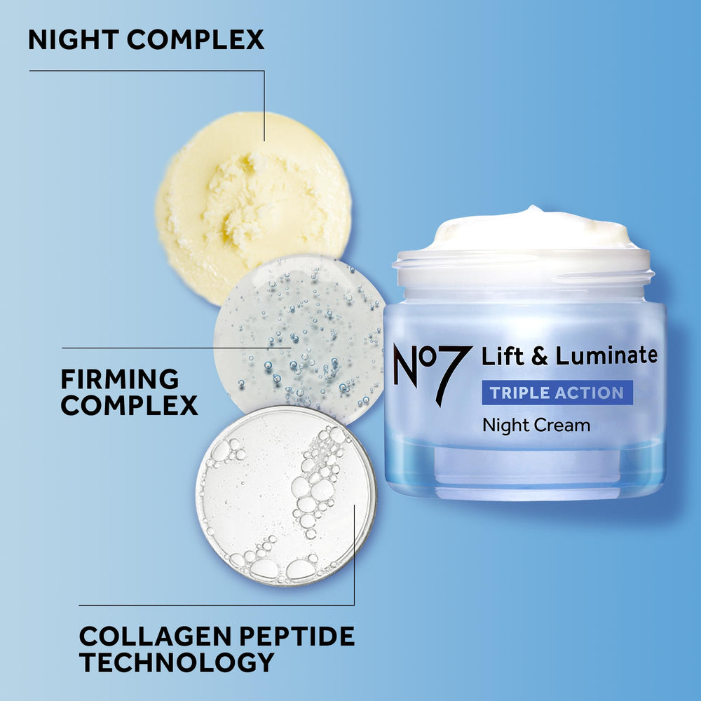 No7 Lift & Luminate night cream hibiscus illustration signals glow-boosting care.
