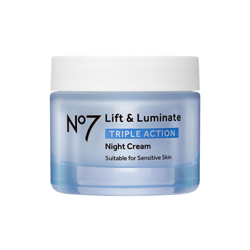 No7 Lift & Luminate night cream jar closeup highlighting rich texture for radiant complexion.