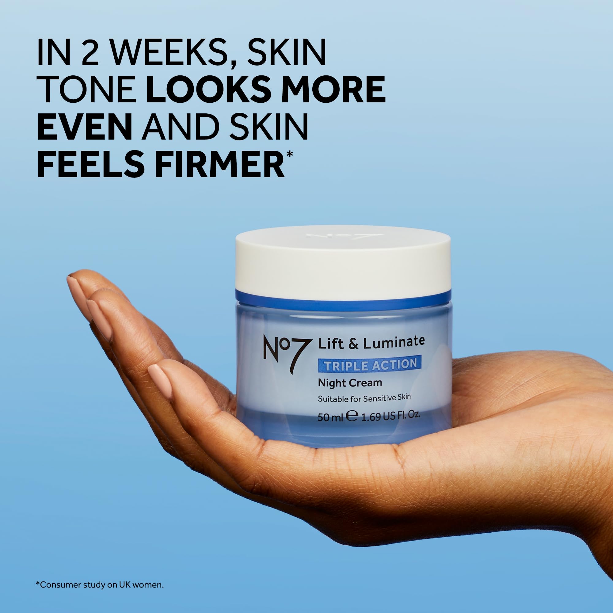 No7 Lift & Luminate night cream label detail hints brightening complex for even tone.