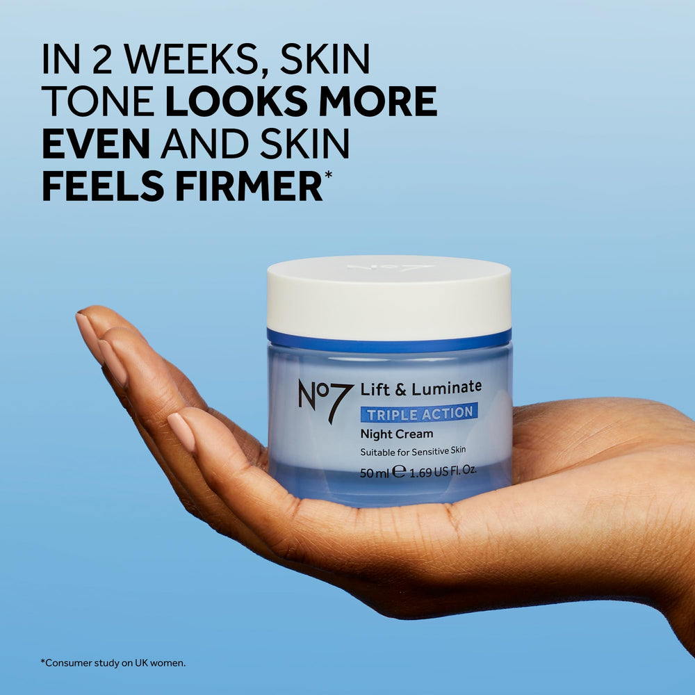 No7 Lift & Luminate night cream label detail hints brightening complex for even tone.
