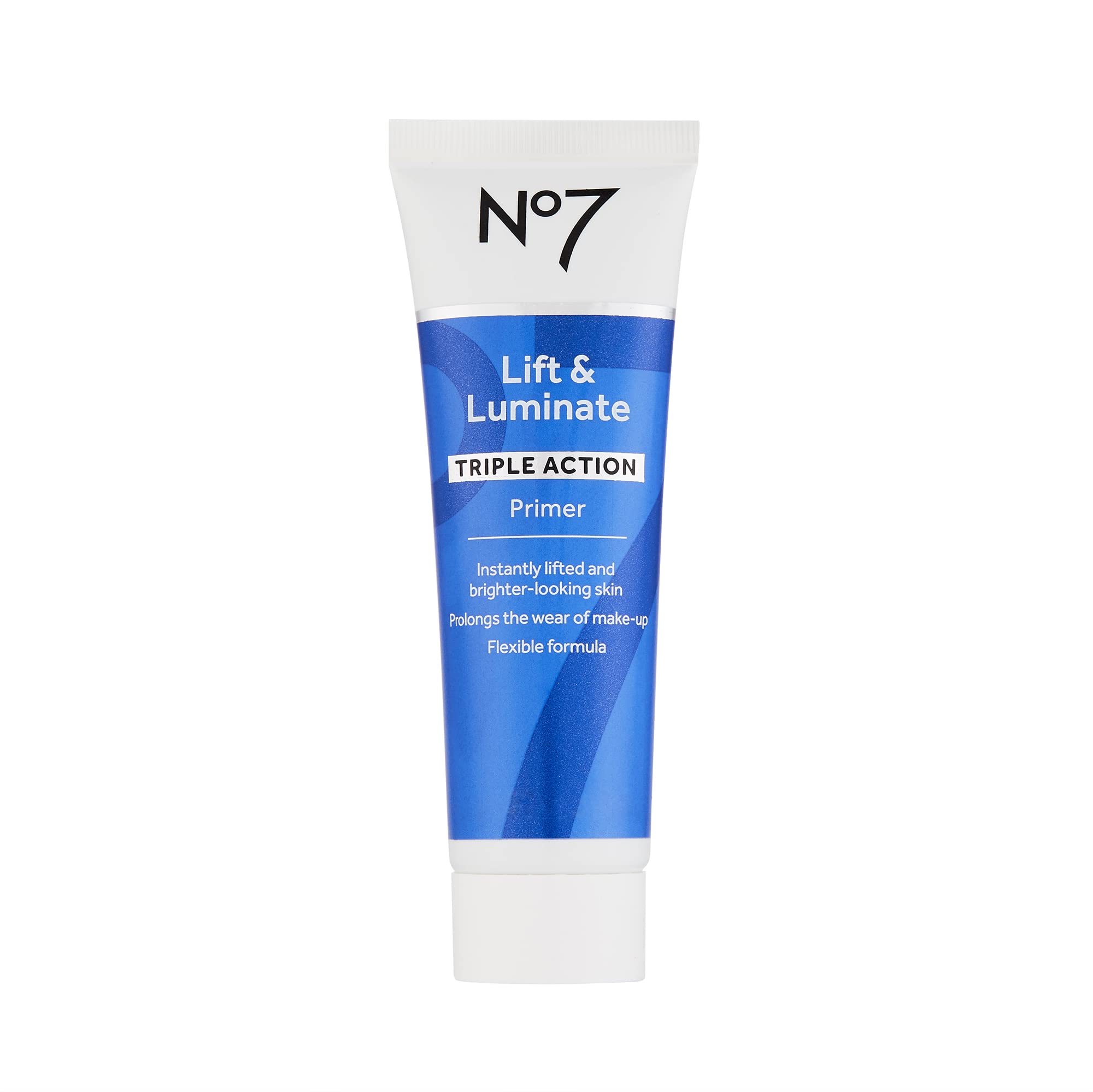No7 Lift & Luminate Primer, botella hidratante para base suave y brillo ligero.