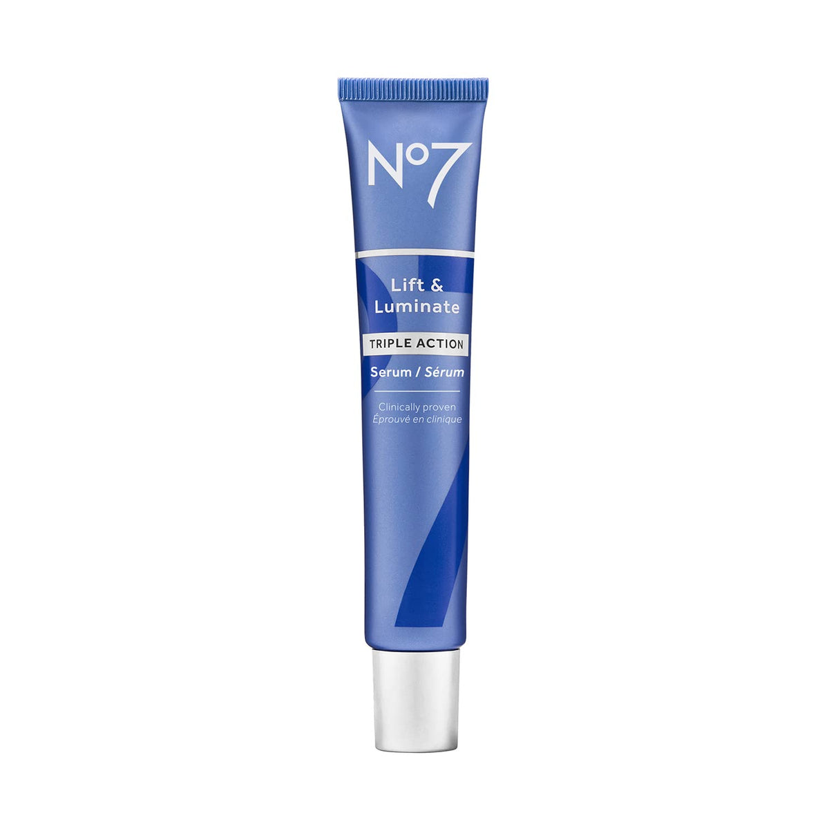 No7 Lift y Luminate serum en botella 50 ml para uso diario y luminosidad.