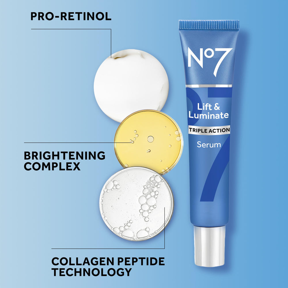 No7 Lift y Luminate con Matrixyl 3000 para mejorar firmeza.