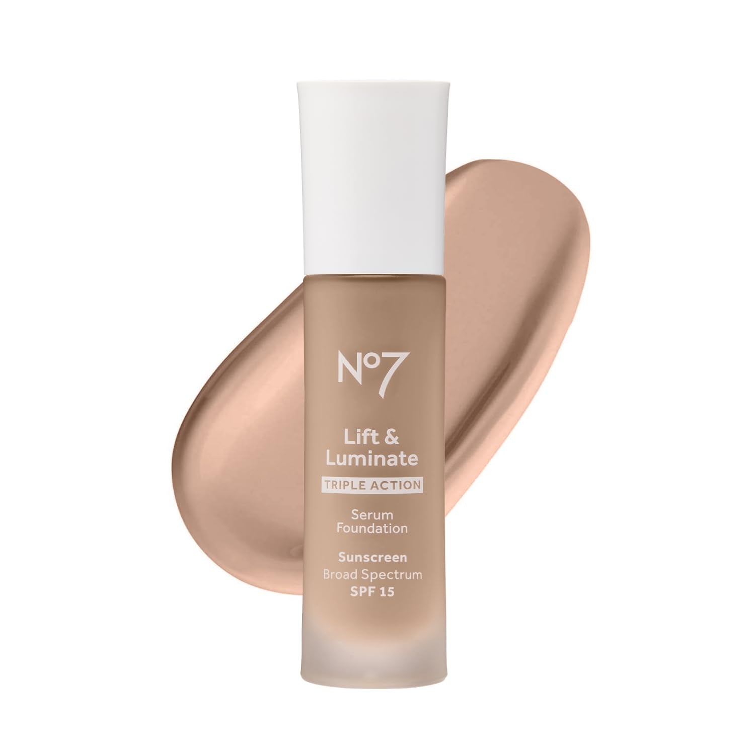 No7 Lift & Luminate foundation bottle shows radiant, firmer-looking skin.