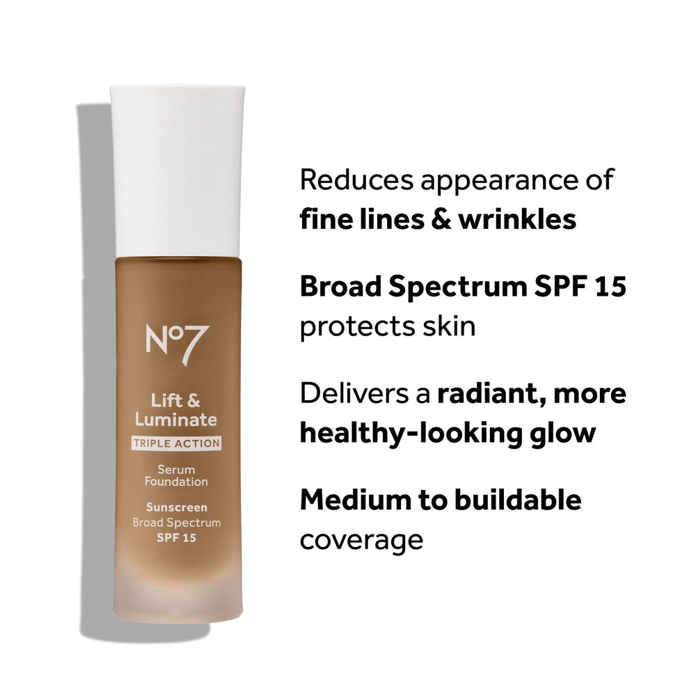 No7 Lift & Luminate foundation swirl on skin highlights brightening finish.