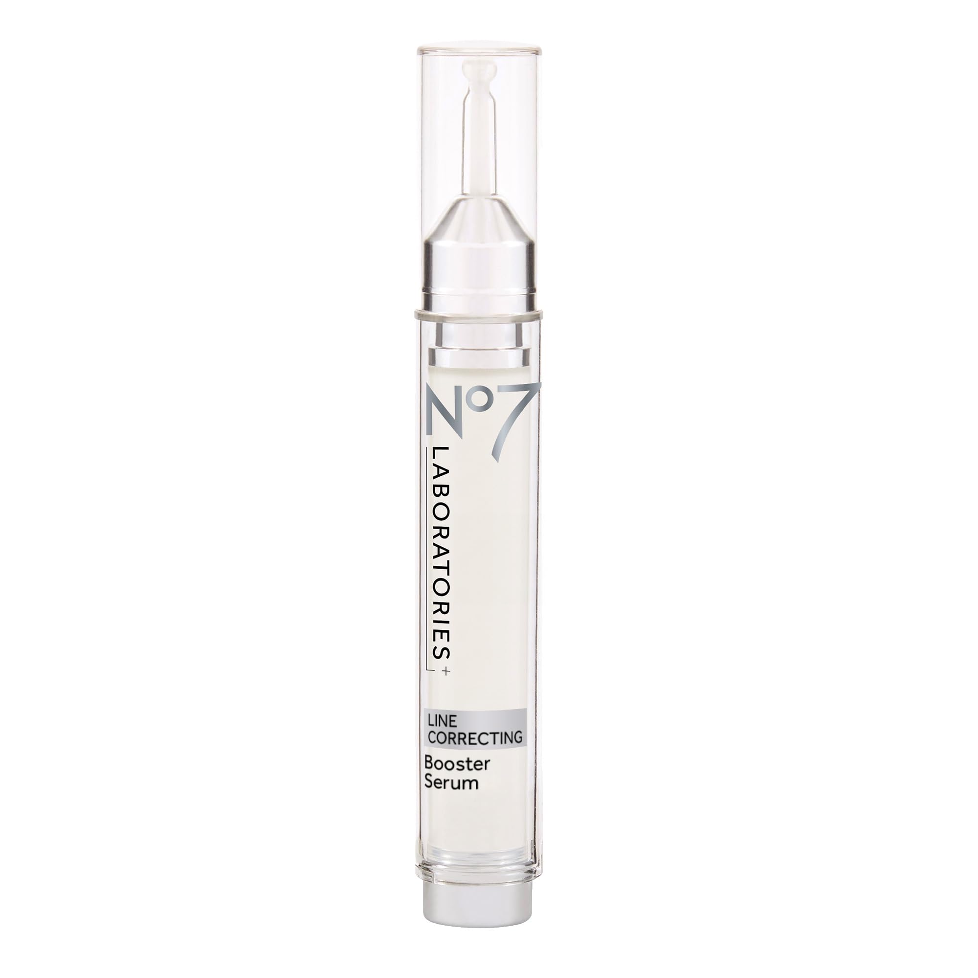 No7 Line Correcting Booster Serum bottle showcases premium packaging and inviting hydration.
