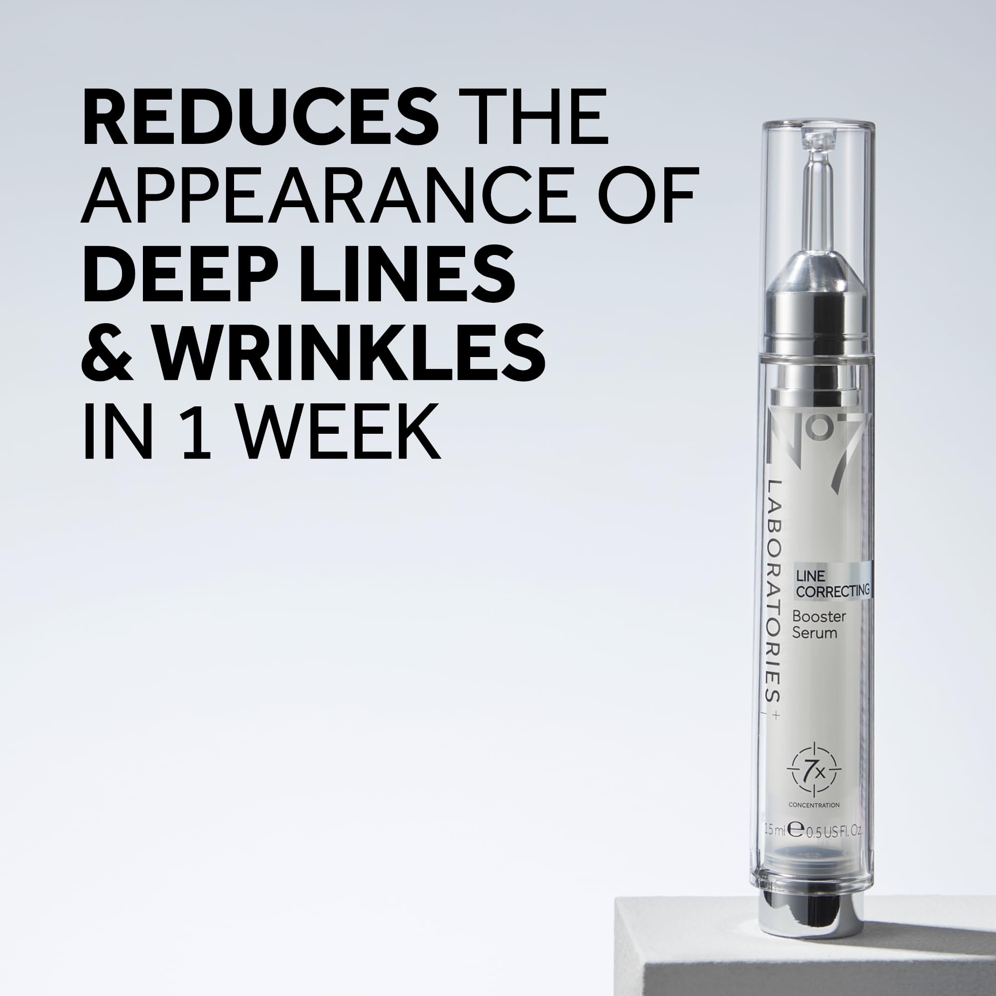 No7 Line Correcting Booster Serum pump close-up highlights easy, precise dispensing.