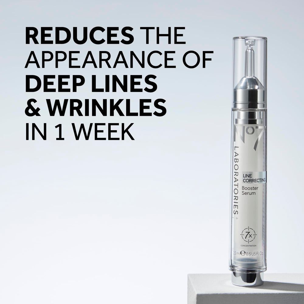 No7 Line Correcting Booster Serum pump close-up highlights easy, precise dispensing.