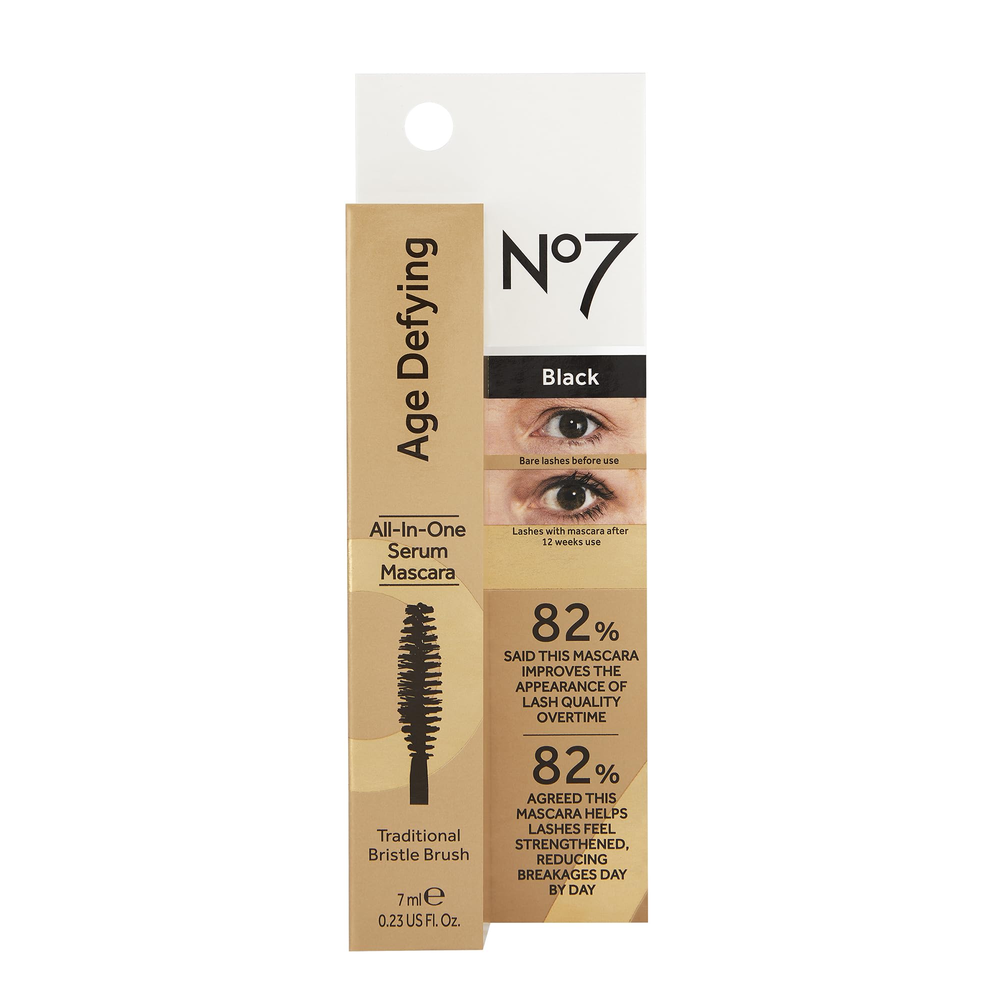No7 Mascara Ojos Antiedad contiene vitamina E para el cuidado de pestañas.