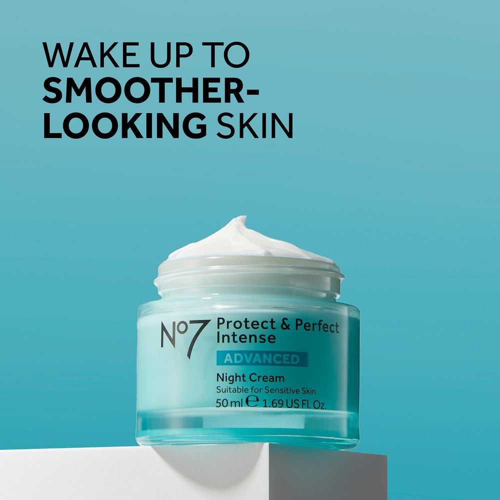 No7 Protect & Perfect Intense Advanced Night Cream bottle side shows sleek design.