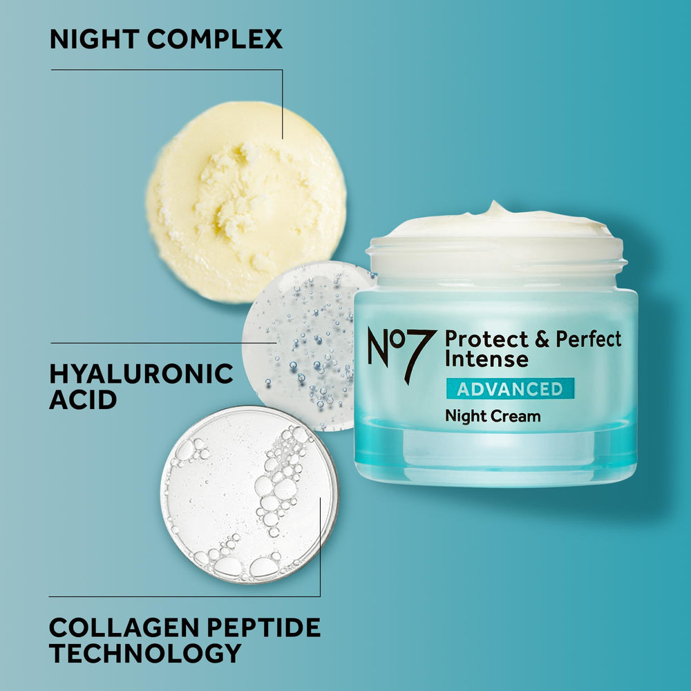 No7 Protect & Perfect Intense Advanced Night Cream label close-up highlights key ingredients.