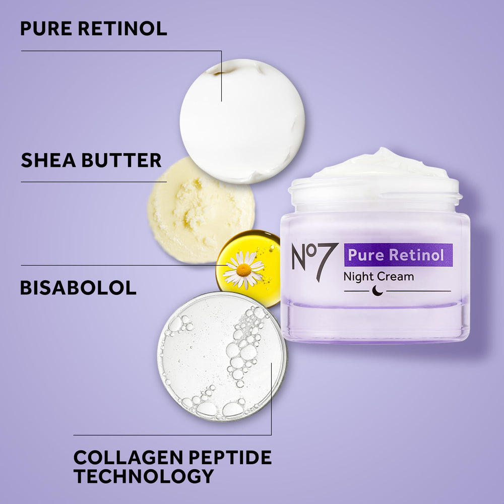 No7 Pure Retinol Night Cream con péptidos de colágeno mejora la elasticidad.