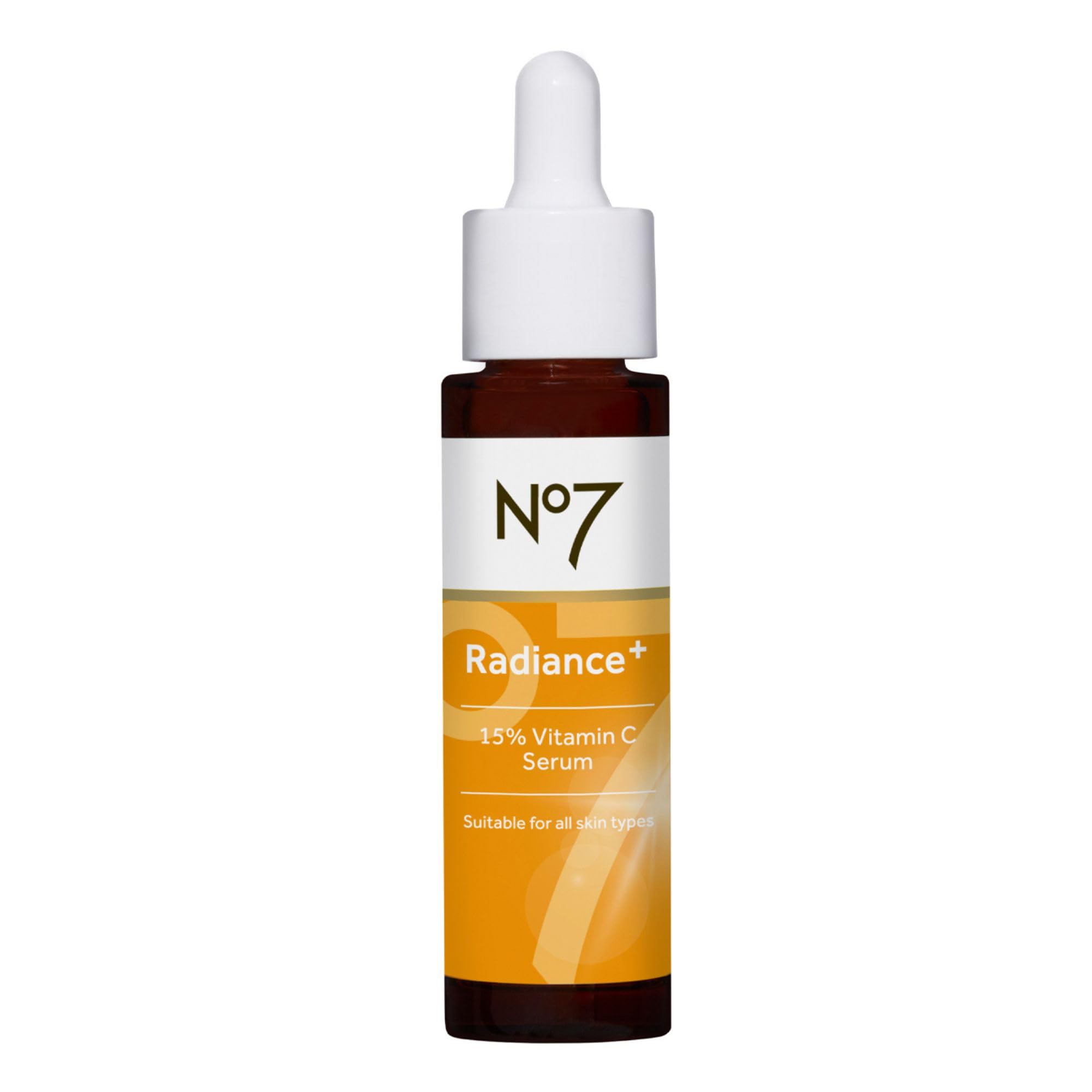 No7 Radiance+ suero Vitamina C 15% en botella, brillo luminoso para la piel.