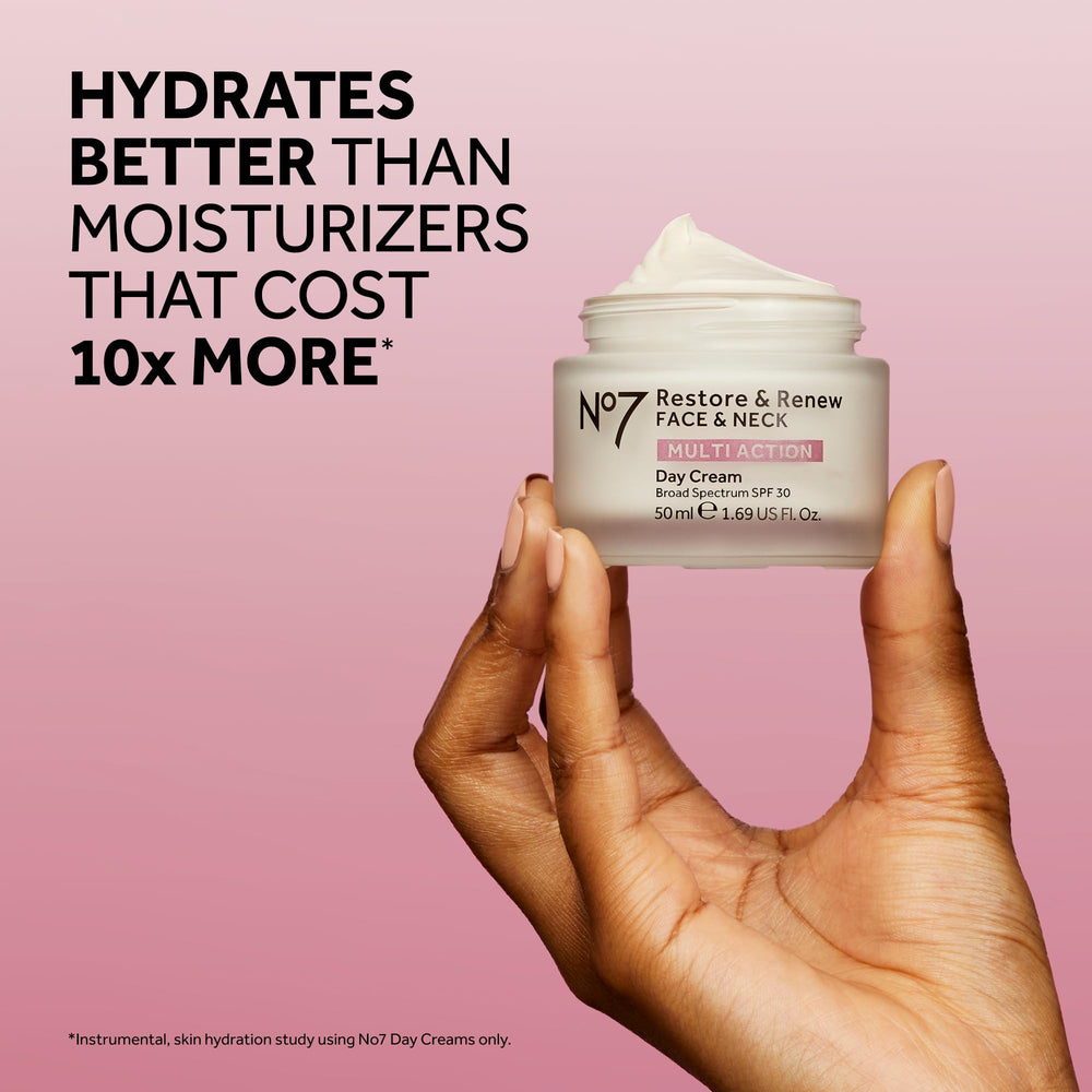 No7 Restore and Renew kit displayed on a vanity showing complete anti-aging care.