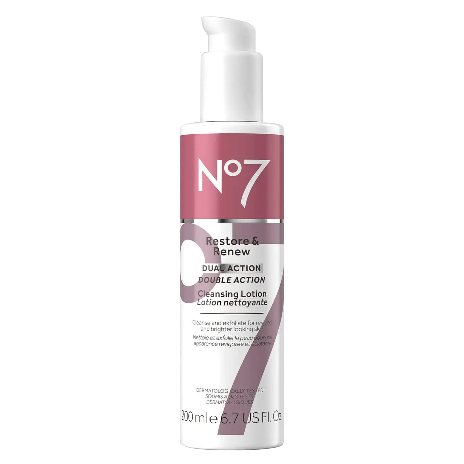 No7 Restore y Renew limpiador facial en botella, elimina maquillaje con suavidad.