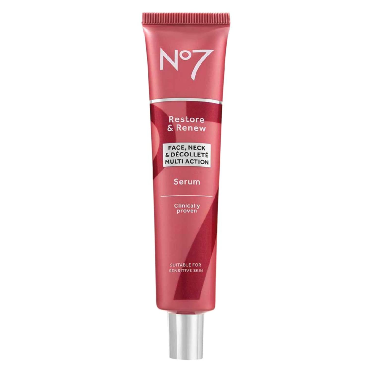 No7 Restore & Renew serum bottle shown for daily anti-aging skincare routine