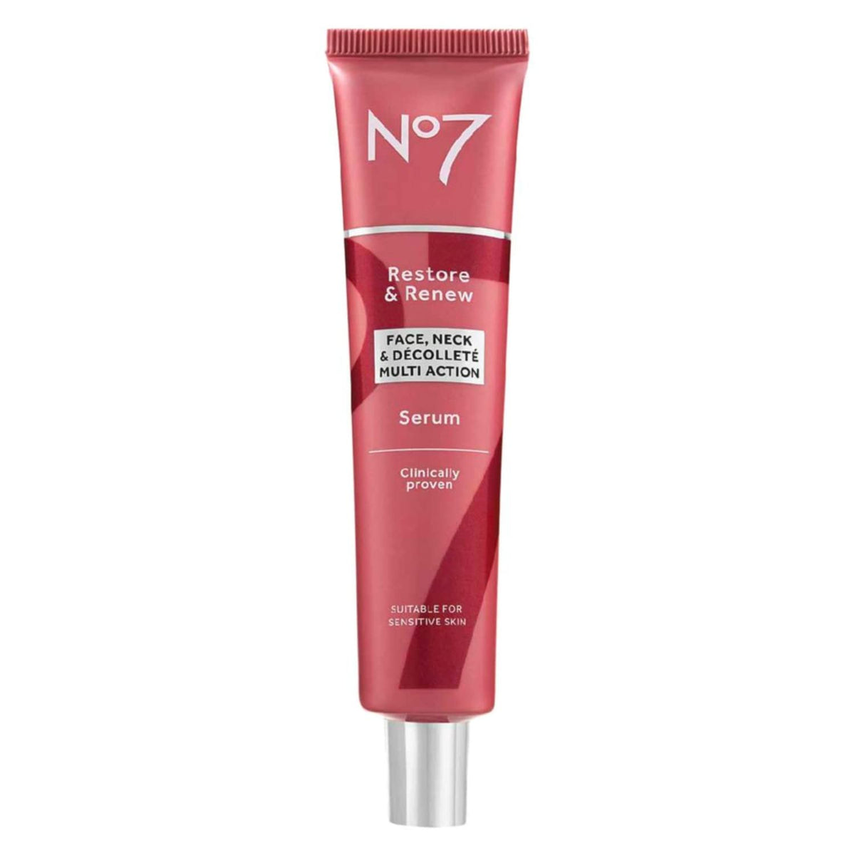 No7 Restore & Renew serum bottle shown for daily anti-aging skincare routine