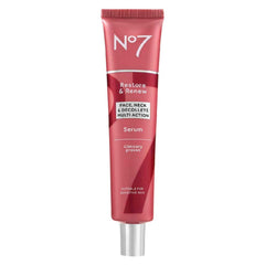 No7 Restore & Renew serum bottle shown for daily anti-aging skincare routine