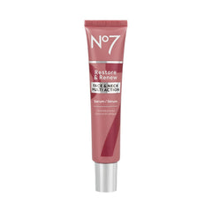 No7 Restore & Renew serum bottle shown for daily anti-aging care