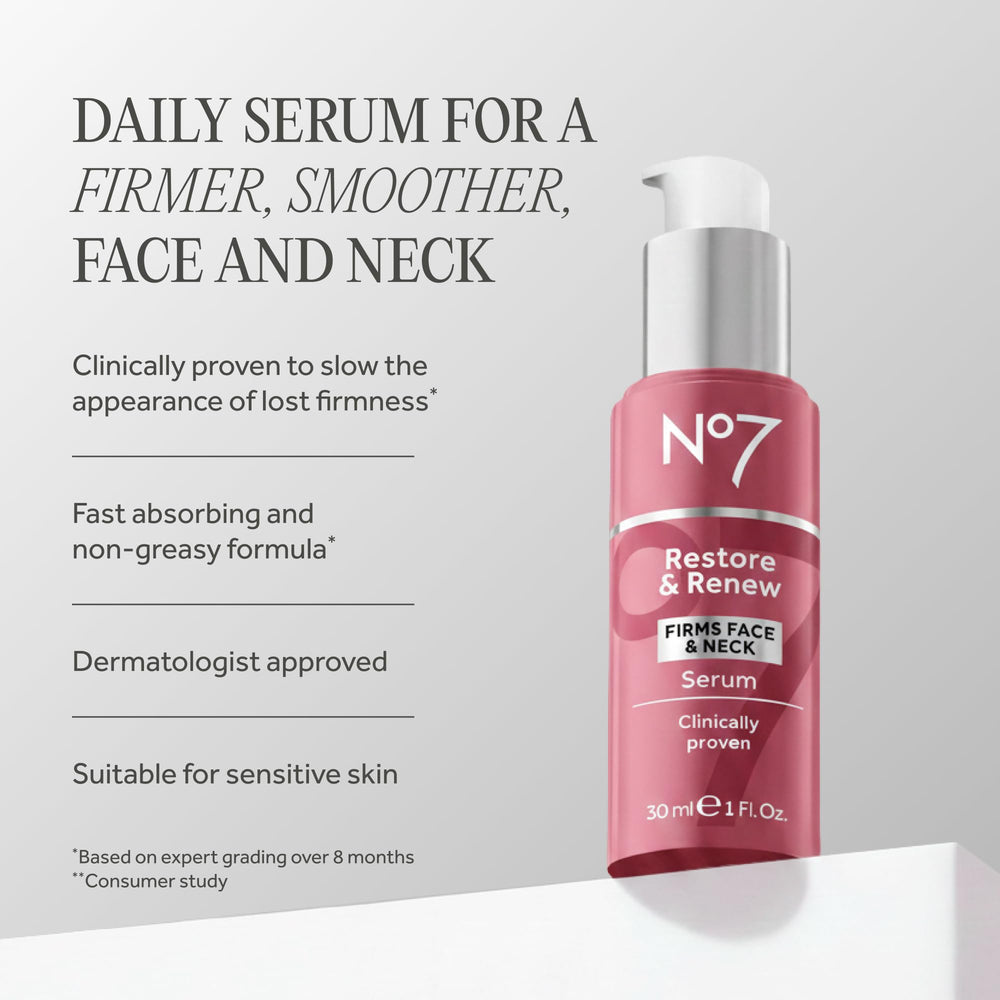 No7 Restore & Renew serum dropper ready to dispense nourishing formula.