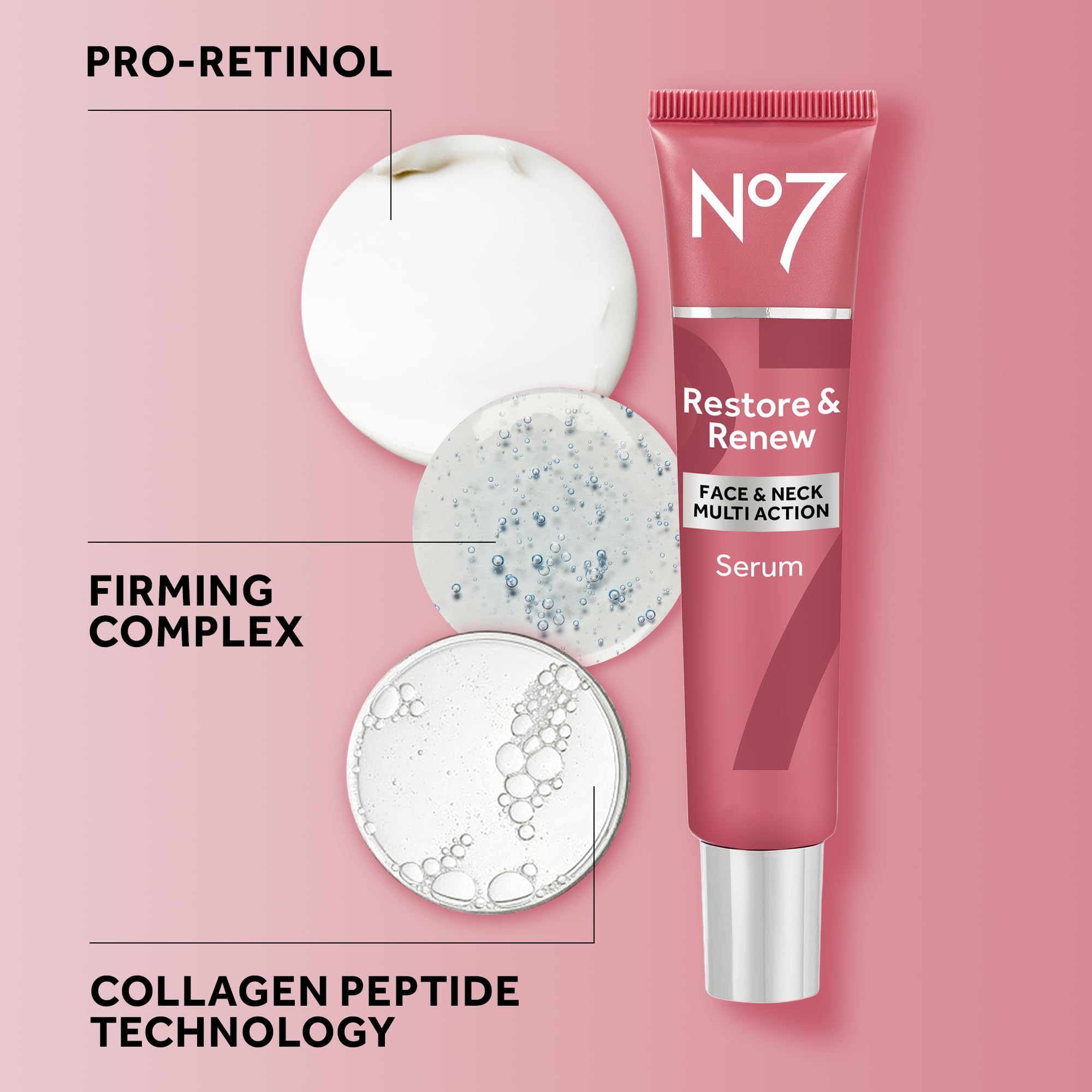 No7 Restore & Renew serum applied to the face for firming glow
