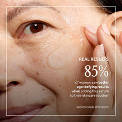 Applying No7 Restore & Renew serum to the face for firming and smoothing.