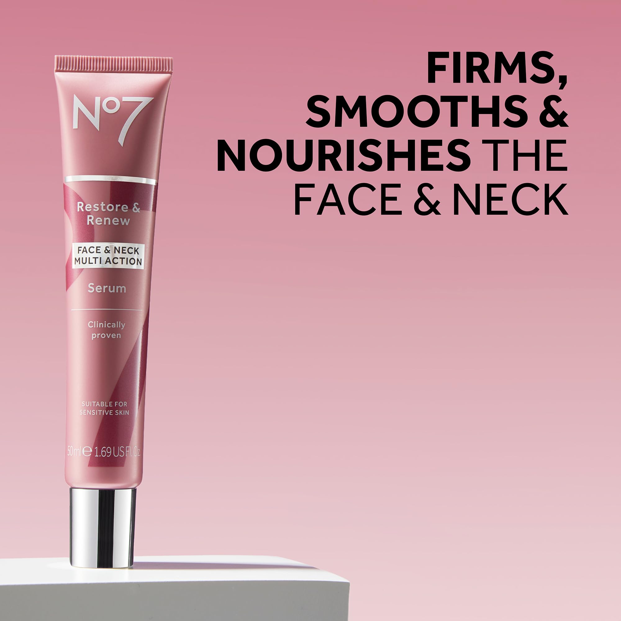 No7 Restore & Renew packaging box highlights collagen support for mature skin