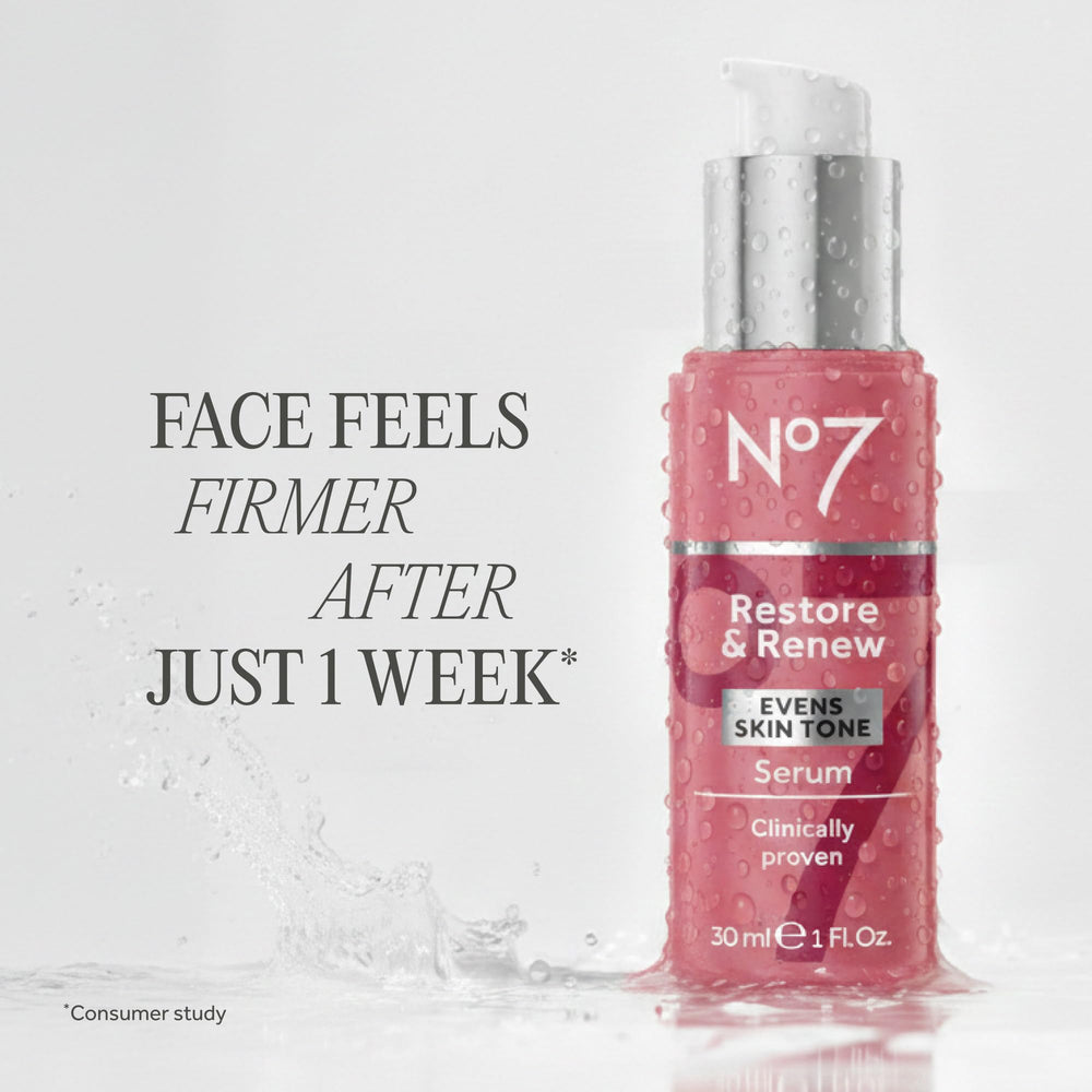 Close-up of No7 Restore & Renew serum texture for silky hydration.