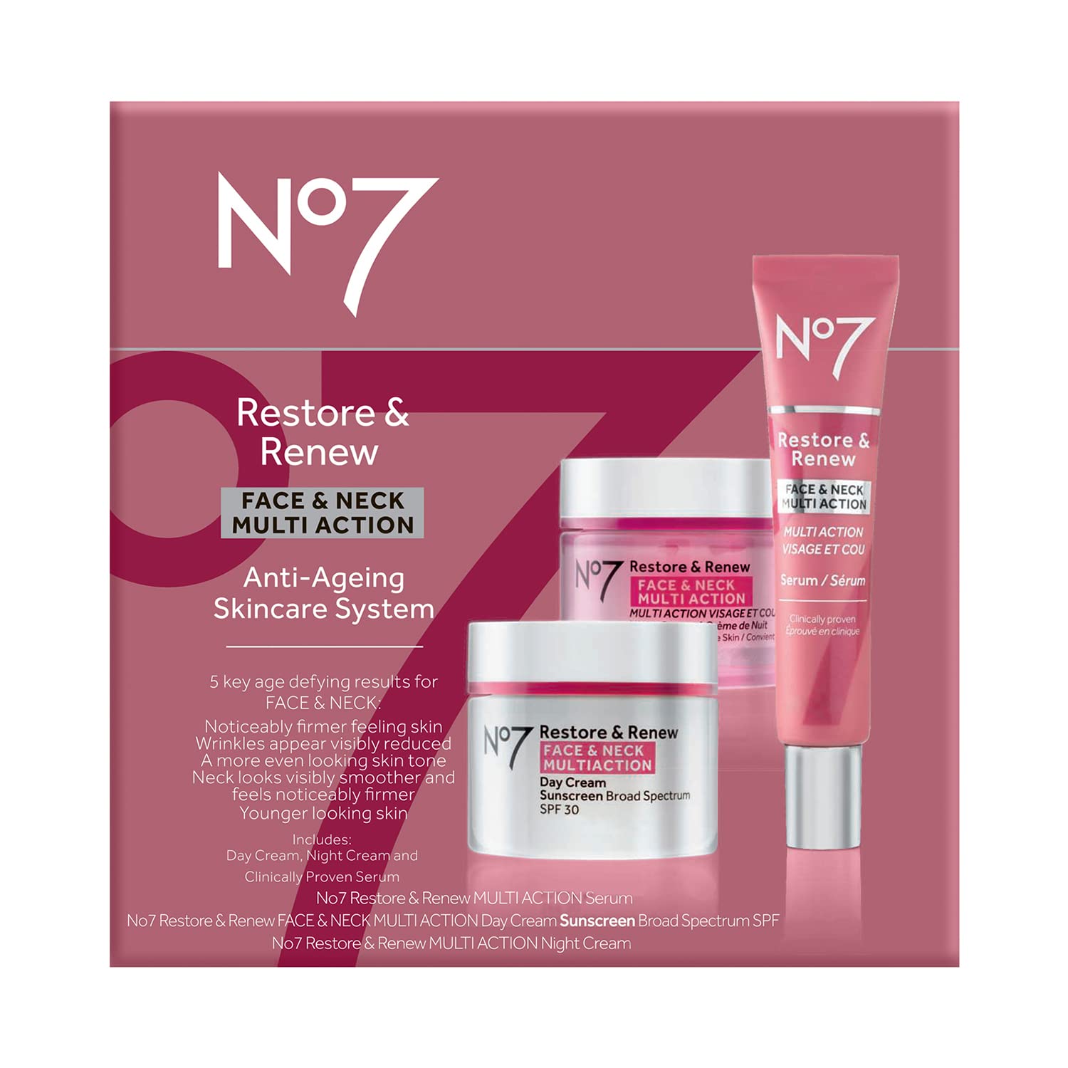 No7 Restore & Renew Triple Action Serum bottle targeting visible aging on face and neck.