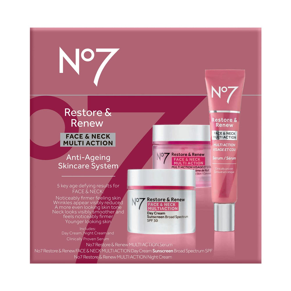 No7 Restore & Renew Triple Action Serum bottle targeting visible aging on face and neck.