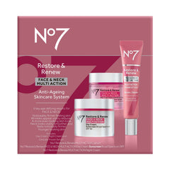 No7 Restore & Renew Triple Action Serum bottle targeting visible aging on face and neck.