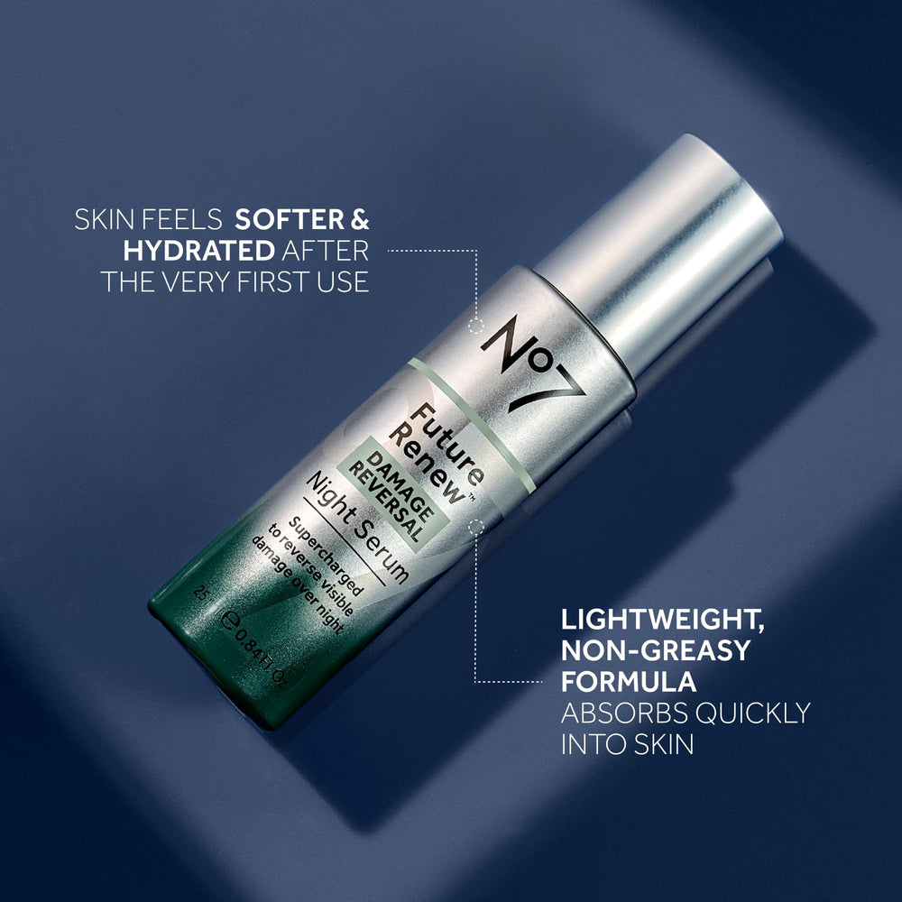 No7 Future Renew serum featured in a nighttime skincare routine.