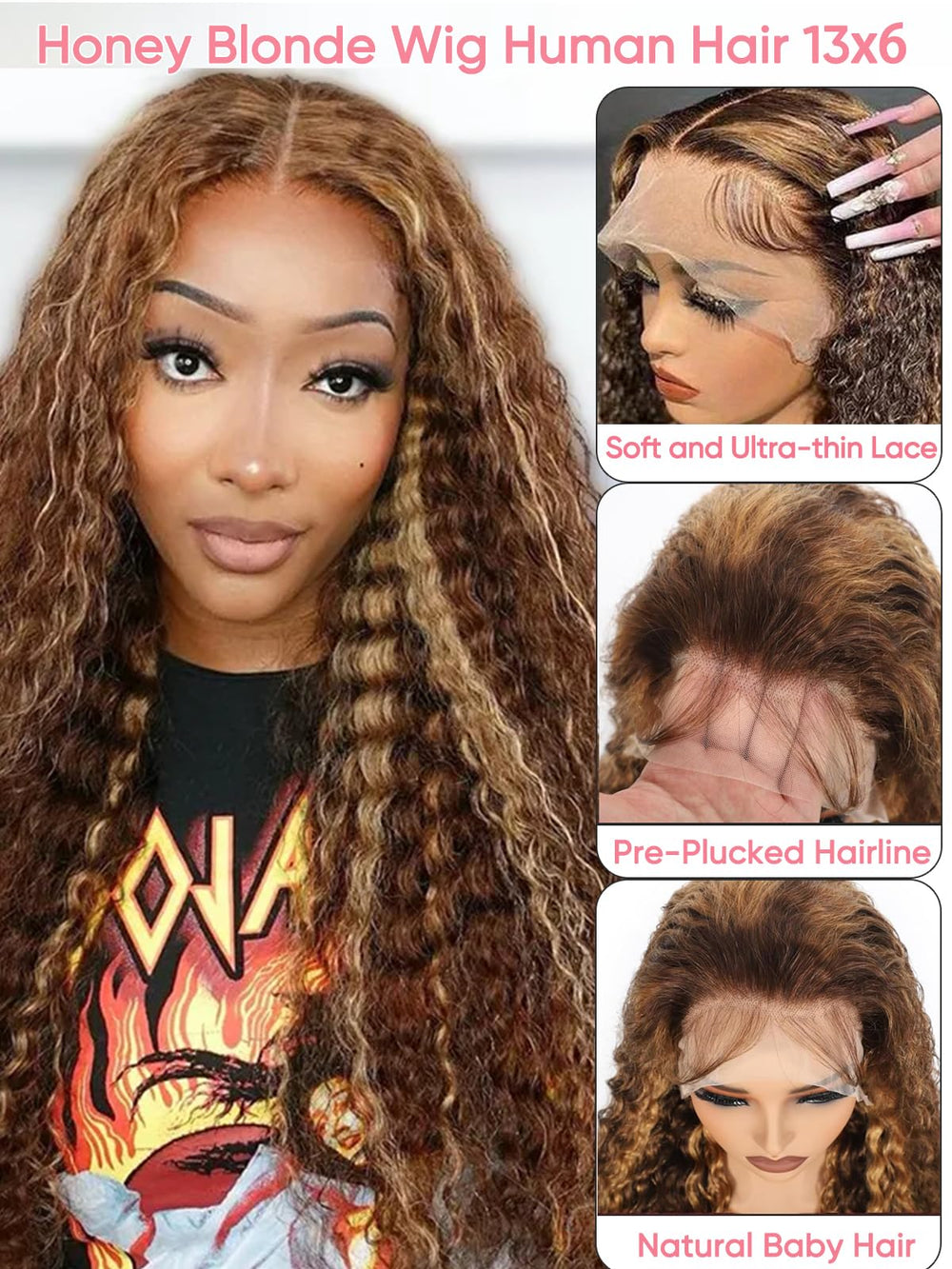 Noella Honey Blonde 13x6 210% density adds full-bodied waves.