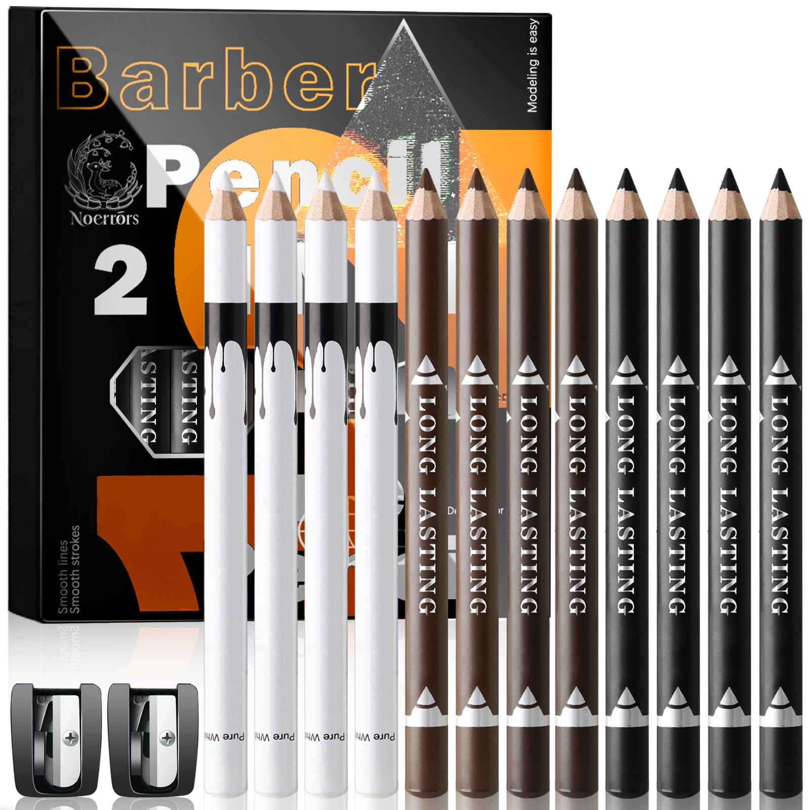 Noerrors barber pencil set 12-pack packaging with organized grooming on the go.