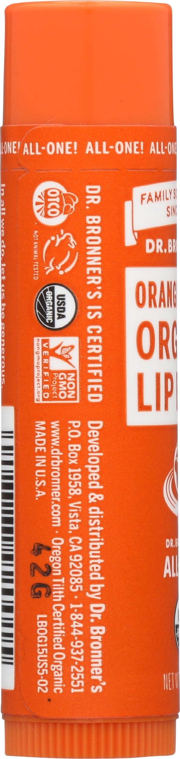Non-GMO verified badge signals ingredient integrity in Dr. Bronner's lip balm.