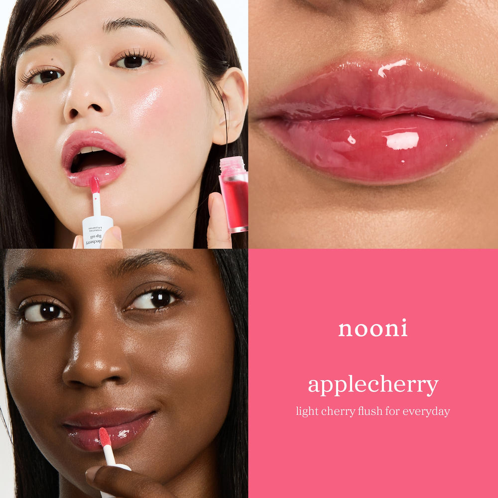 Textura sedosa de NOONI Aceite labial Applecherry que suaviza e hidrata labios.