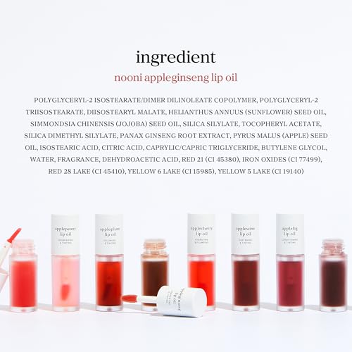 Nooni Aceite Labial Appleginseng, primer plano de textura sedosa y color sutil.