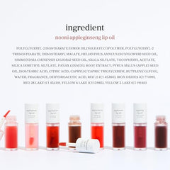 Nooni Aceite Labial Appleginseng, primer plano de textura sedosa y color sutil.