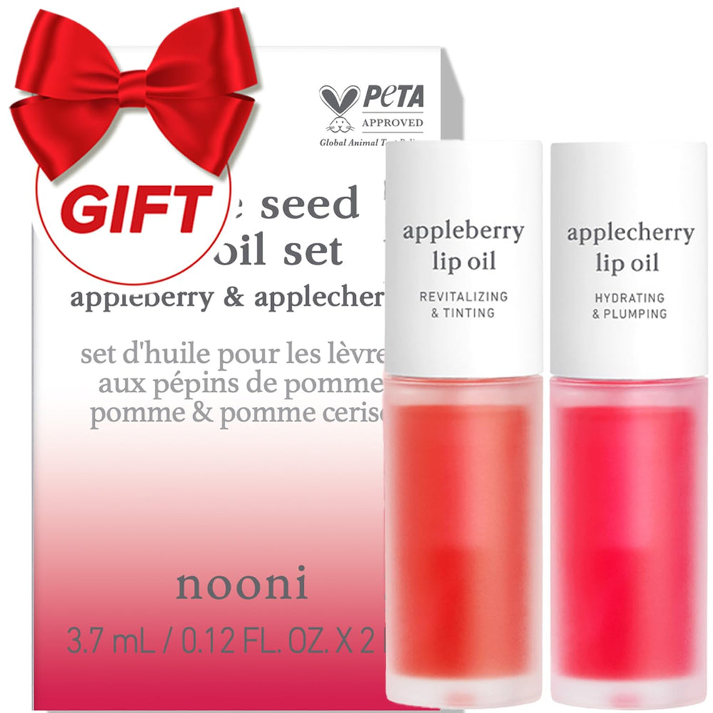 NOONI Appleberry Lip Oil bottle shows silky, moisturizing glow.