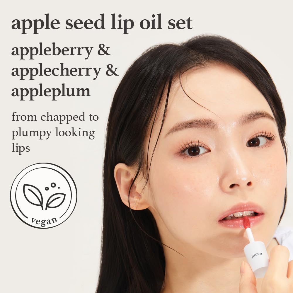 NOONI Appleberry lip oil set on lips provides long lasting moisture